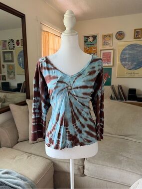 Glima Boho Y2K Brown & Blue Top Tie Dye (100% Cotton) Vintage Women's XL